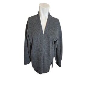 Eileen Fisher Italian Merino Wool Sweater Tunic Cardigan Textured Knit Blk Sz L